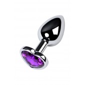 Серебристая коническая анальная пробка с фиолетовым кристаллом-сердечком - 7 см. - ToyFa - купить с доставкой в Новокузнецке