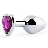 Серебристая анальная пробка с фиолетовым кристаллом-сердечком - 8 см. - Anal Jewelry Plug - купить с доставкой в Новокузнецке