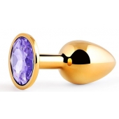 Золотистая анальная пробка с фиолетовым стразом - 7,2 см. - Anal Jewelry Plug - купить с доставкой в Новокузнецке