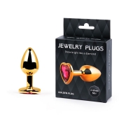 Золотистая анальная пробка с малиновым кристаллом-сердечком - 7 см. - Anal Jewelry Plug - купить с доставкой в Новокузнецке