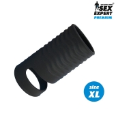 Черная открытая насадка на пенис с кольцом для мошонки XL-size - 8,9 см. - Sex Expert - в Новокузнецке купить с доставкой