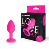 Розовая силиконовая анальная втулка с фиолетовым кристаллом - 7,3 см. - 1137