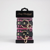 Черные кожаные наручники с розовой строчкой - Crazy Handmade - купить с доставкой в Новокузнецке Черные кожаные наручники с розовой строчкой - Crazy Handmade - купить с доставкой в Новокузнецке