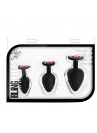 Набор черных анальных пробок с красным кристаллом-сердечком Bling Plugs Training Kit - Blush Novelties - купить с доставкой в Новокузнецке