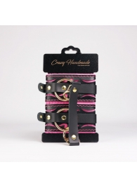 Черные кожаные оковы с розовой строчкой - Crazy Handmade - купить с доставкой в Новокузнецке Черные кожаные оковы с розовой строчкой - Crazy Handmade - купить с доставкой в Новокузнецке