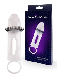 Закрытая насадка на пенис с подхватом мошонки и стимулирующими «ресничками» - Sextaz - в Новокузнецке купить с доставкой
