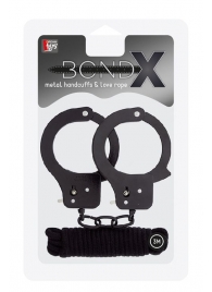 Чёрные наручники из листового металла в комплекте с веревкой BONDX METAL CUFFS LOVE ROPE SET - Dream Toys - купить с доставкой в Новокузнецке