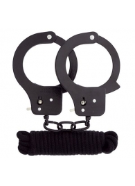 Чёрные наручники из листового металла в комплекте с веревкой BONDX METAL CUFFS LOVE ROPE SET - Dream Toys - купить с доставкой в Новокузнецке