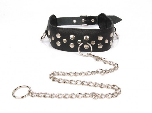 Черный ошейник с заклепками с металлическим поводком-цепочкой - Notabu - купить с доставкой в Новокузнецке Черный ошейник с заклепками с металлическим поводком-цепочкой - Notabu - купить с доставкой в Новокузнецке