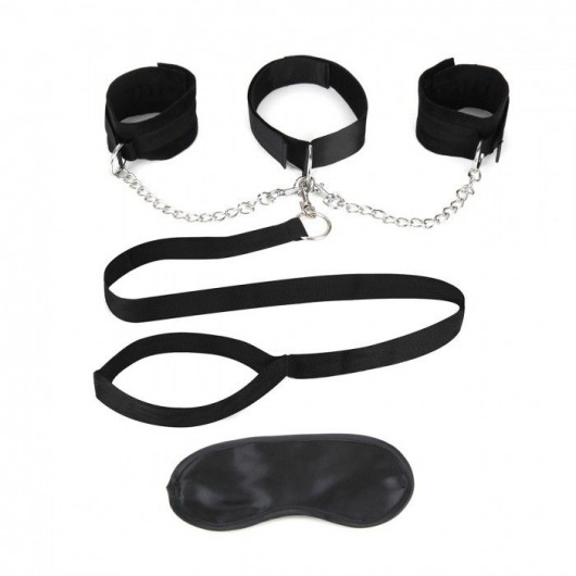 Чёрный ошейник с наручниками и поводком Collar Cuffs   Leash Set - Lux Fetish - купить с доставкой в Новокузнецке