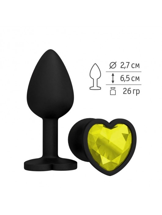 Черная силиконовая пробка с желтым кристаллом-сердцем - 8,5 см. - Джага-Джага - купить с доставкой в Новокузнецке