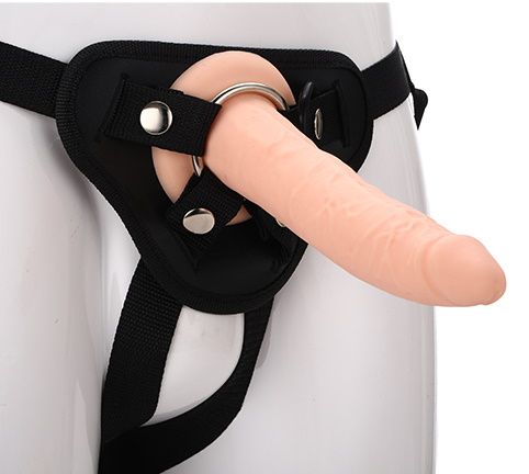 Телесный страпон на черных трусиках STRAP ON REAL DILDO - 20 см. - Dream Toys - купить с доставкой в Новокузнецке