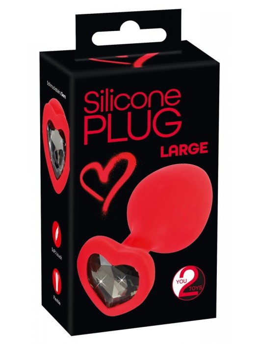 Красная силиконовая анальная пробка с черным стразом-сердечком - 9,3 см. - Orion - купить с доставкой в Новокузнецке