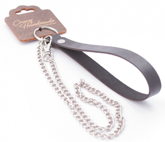 Серебристый металлический поводок с кожаной черной ручкой - 80 см. - Crazy Handmade - купить с доставкой в Новокузнецке