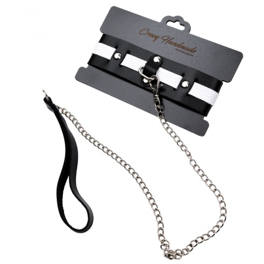 Черно-белый кожаный ошейник с поводком-цепочкой - Crazy Handmade - купить с доставкой в Новокузнецке