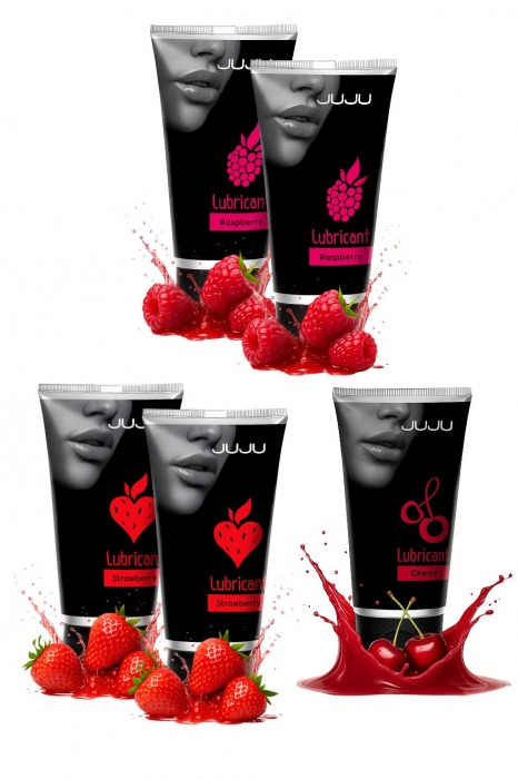 Набор из 5 съедобных лубрикантов JUJU (клубника х 2, малина х 2, вишня) - JuJu - купить с доставкой в Новокузнецке Набор из 5 съедобных лубрикантов JUJU (клубника х 2, малина х 2, вишня) - JuJu - купить с доставкой в Новокузнецке