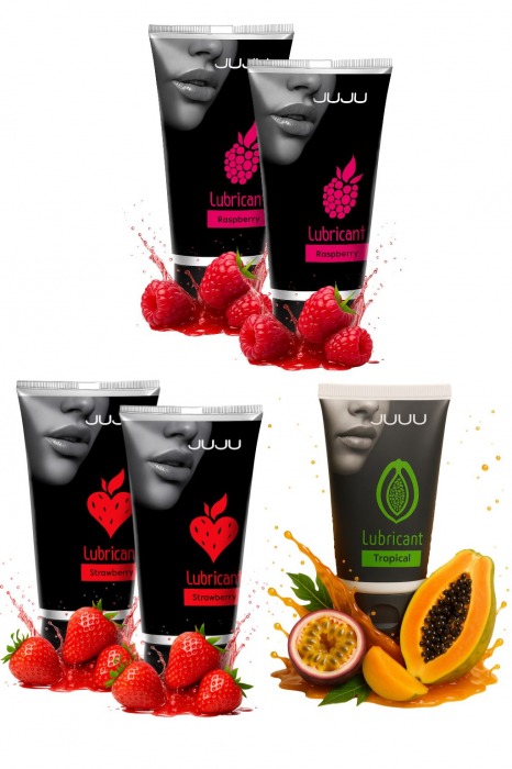 Набор из 5 съедобных лубрикантов JUJU (клубника х 2, малина х 2, тропические фрукты) - JuJu - купить с доставкой в Новокузнецке Набор из 5 съедобных лубрикантов JUJU (клубника х 2, малина х 2, тропические фрукты) - JuJu - купить с доставкой в Новокузнецке