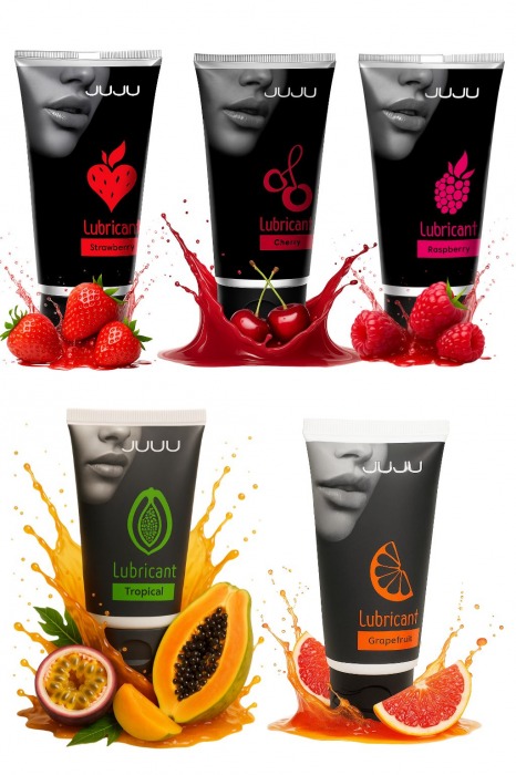 Набор из 5 съедобных лубрикантов JUJU (клубника, малина, тропические фрукты, вишня, грейпфрут) - JuJu - купить с доставкой в Новокузнецке Набор из 5 съедобных лубрикантов JUJU (клубника, малина, тропические фрукты, вишня, грейпфрут) - JuJu - купить с доставкой в Новокузнецке