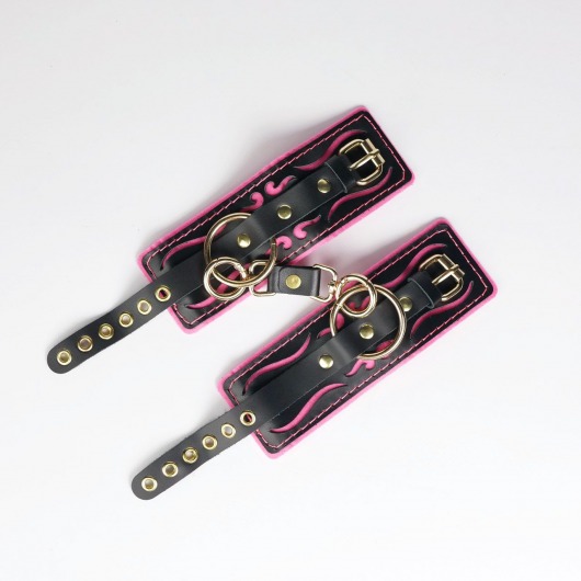 Черные кожаные наручники с розовой строчкой - Crazy Handmade - купить с доставкой в Новокузнецке Черные кожаные наручники с розовой строчкой - Crazy Handmade - купить с доставкой в Новокузнецке