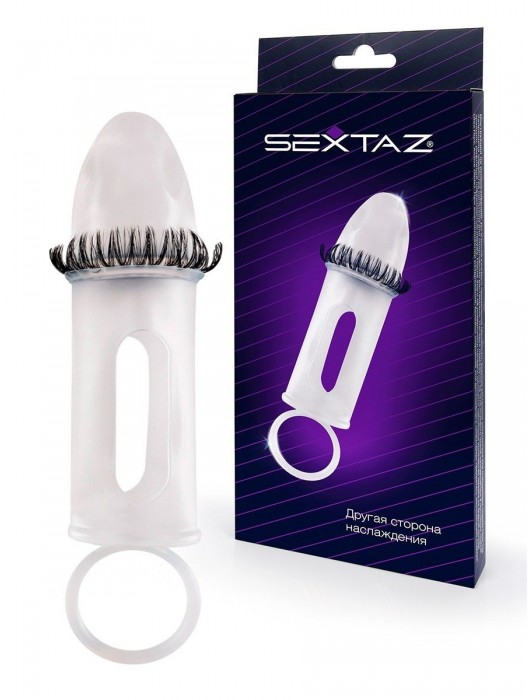 Закрытая насадка на пенис с подхватом мошонки и стимулирующими «ресничками» - Sextaz - в Новокузнецке купить с доставкой