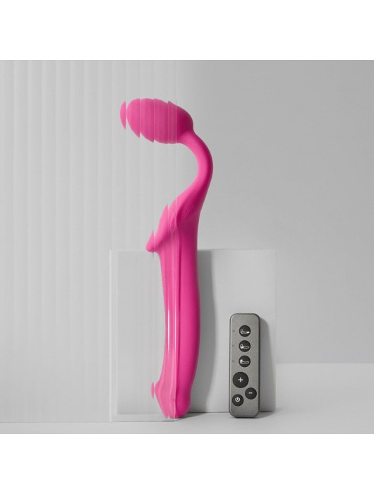 Ярко-розовый безремневой страпон Strap-on-me Vibrating Bendable Strap-On size M - Strap-on-me - купить с доставкой в Новокузнецке