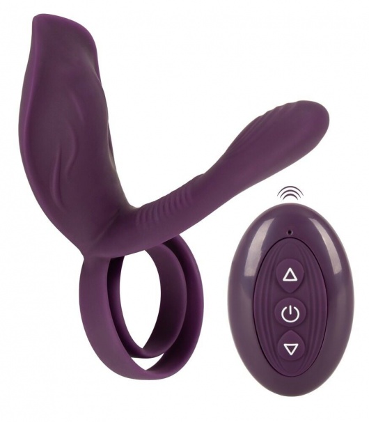 Фиолетовая насадка на член с клиторальным отростком и пультом ДУ RC Couple’s Vibrator 2 - Orion - в Новокузнецке купить с доставкой